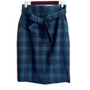 Ann Taylor Blackwatch Plaid Green Blue Tie Waist Pencil Skirt 4